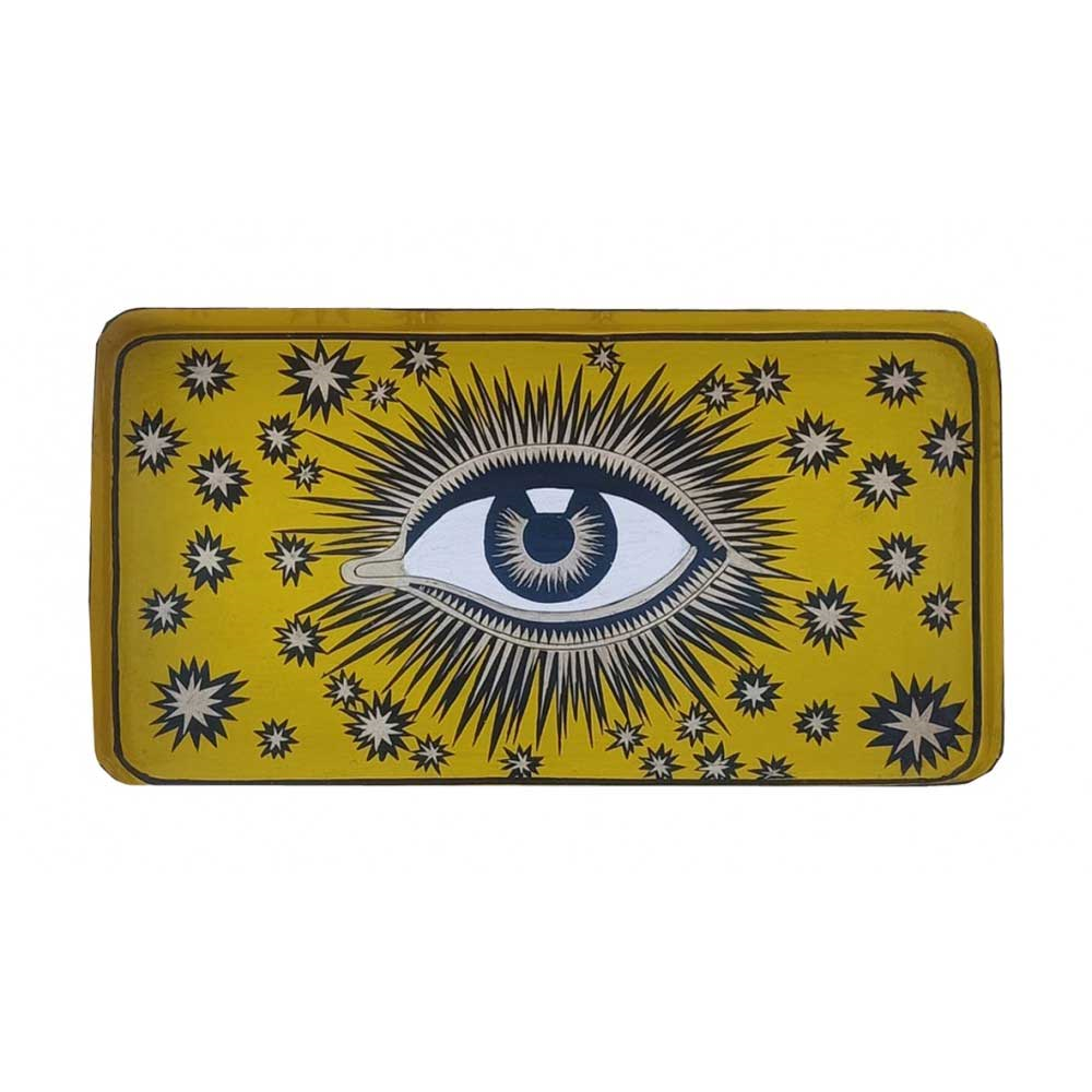 Eye Rectangular Handpainted Iron Tray 32 x 17cm, Yellow