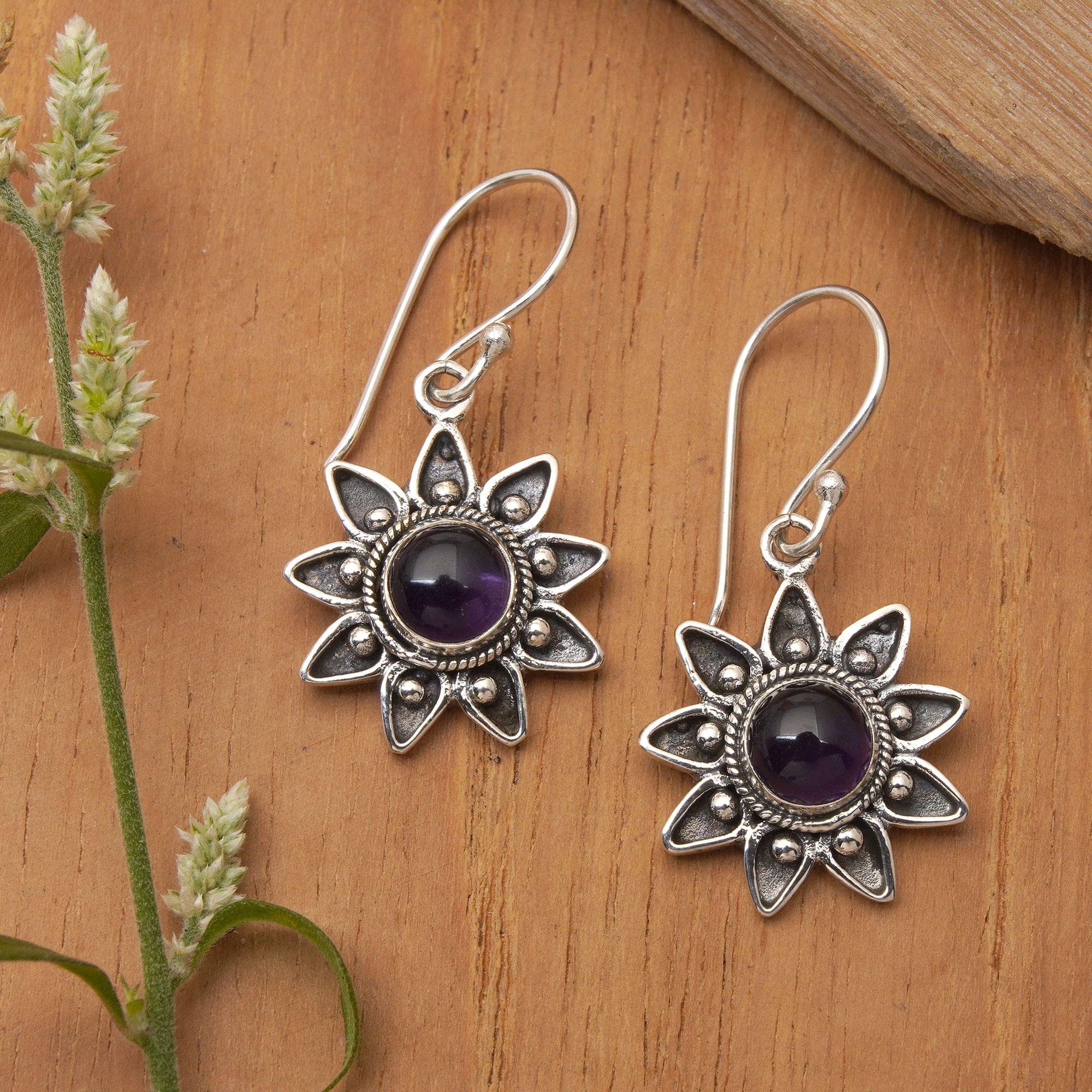 Floral Sterling Silver Amethyst Earrings  - Sunflowers
