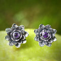 Artisan Crafted Floral Amethyst Button Earrings - Lilac-Eyed Lotus
