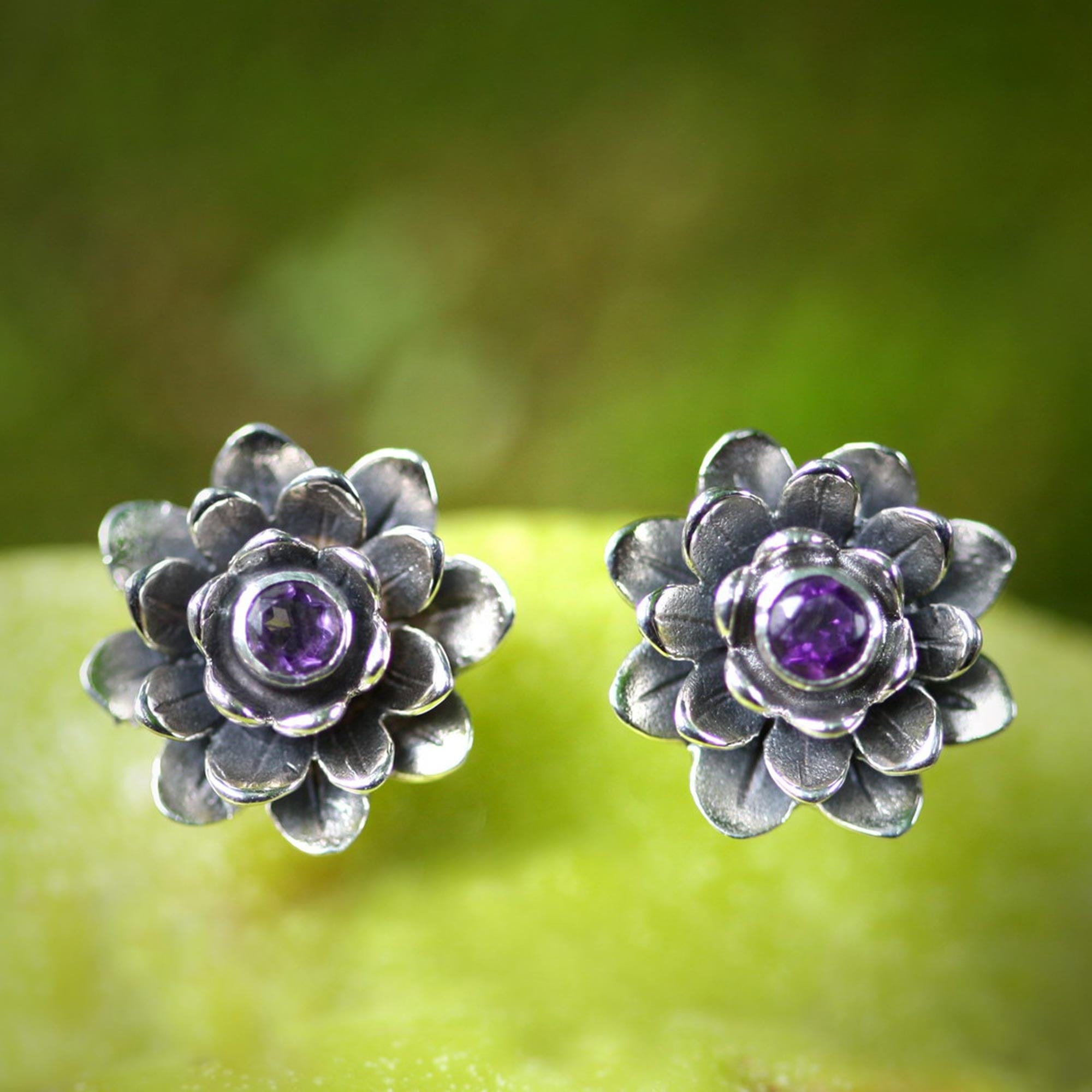 Artisan Crafted Floral Amethyst Button Earrings - Lilac-Eyed Lotus
