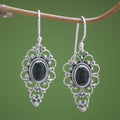 Floral Onyx Sterling Silver Dangle Earrings - Precious Night