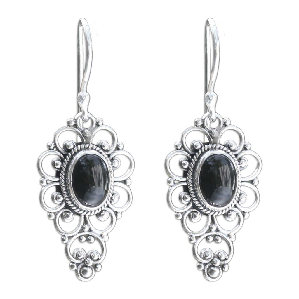 Floral Onyx Sterling Silver Dangle Earrings - Precious Night