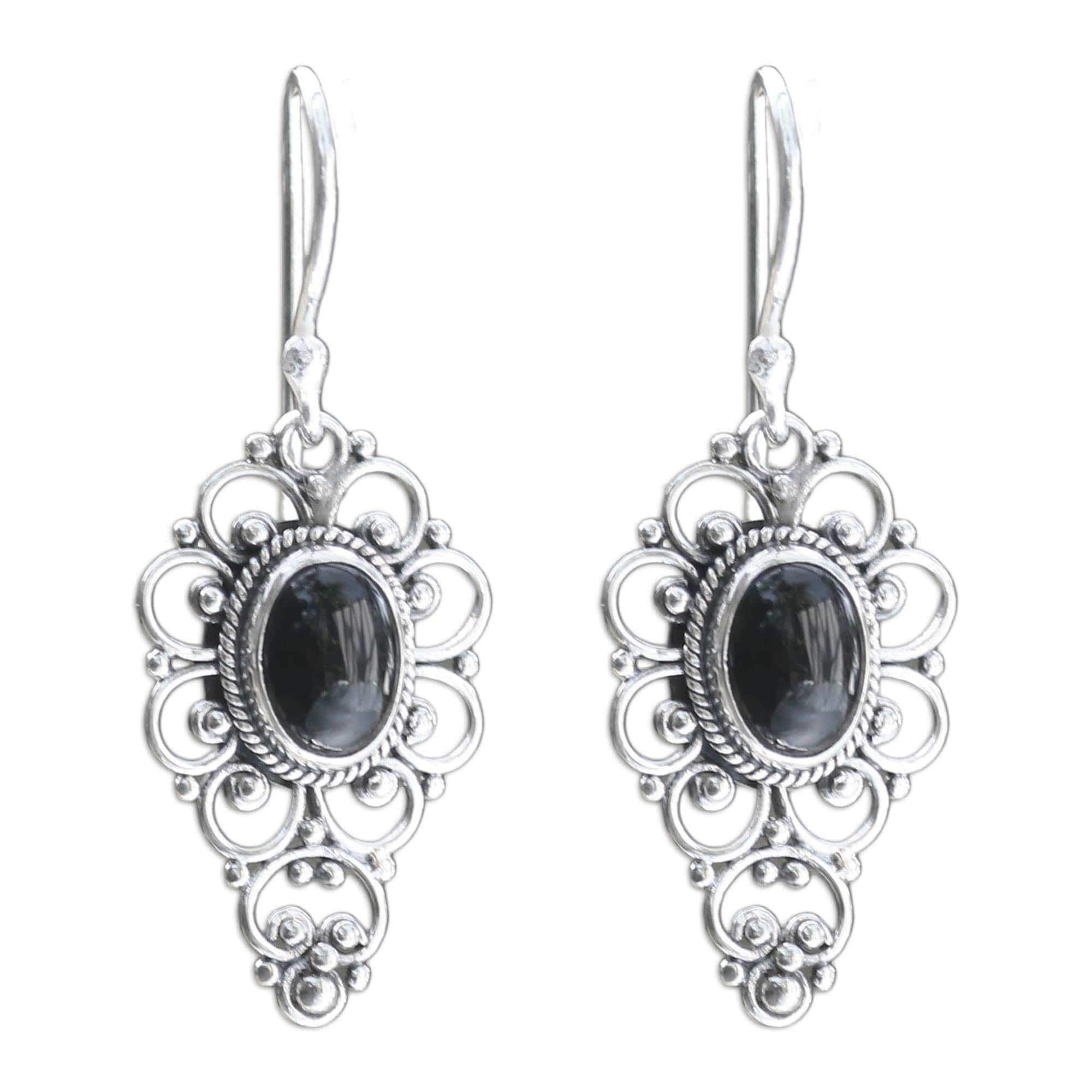 Floral Onyx Sterling Silver Dangle Earrings - Precious Night