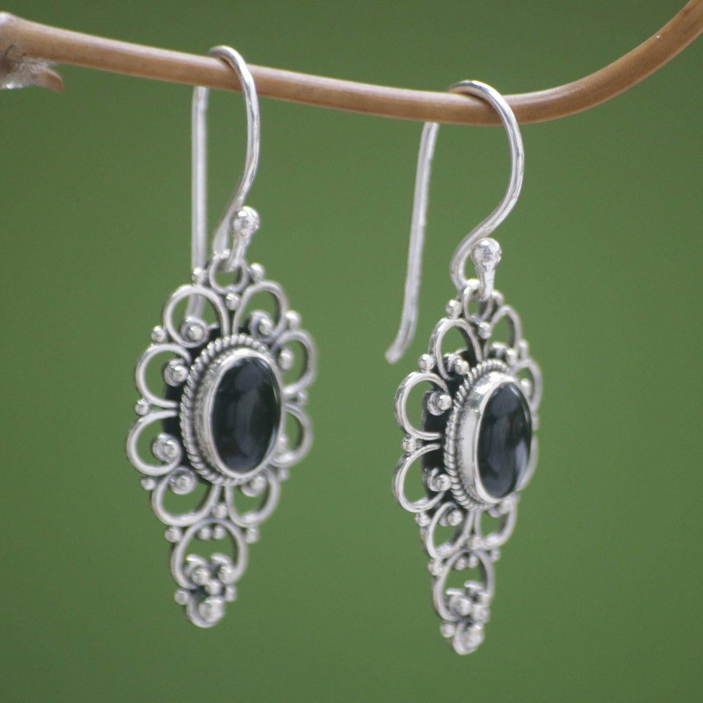Floral Onyx Sterling Silver Dangle Earrings - Precious Night