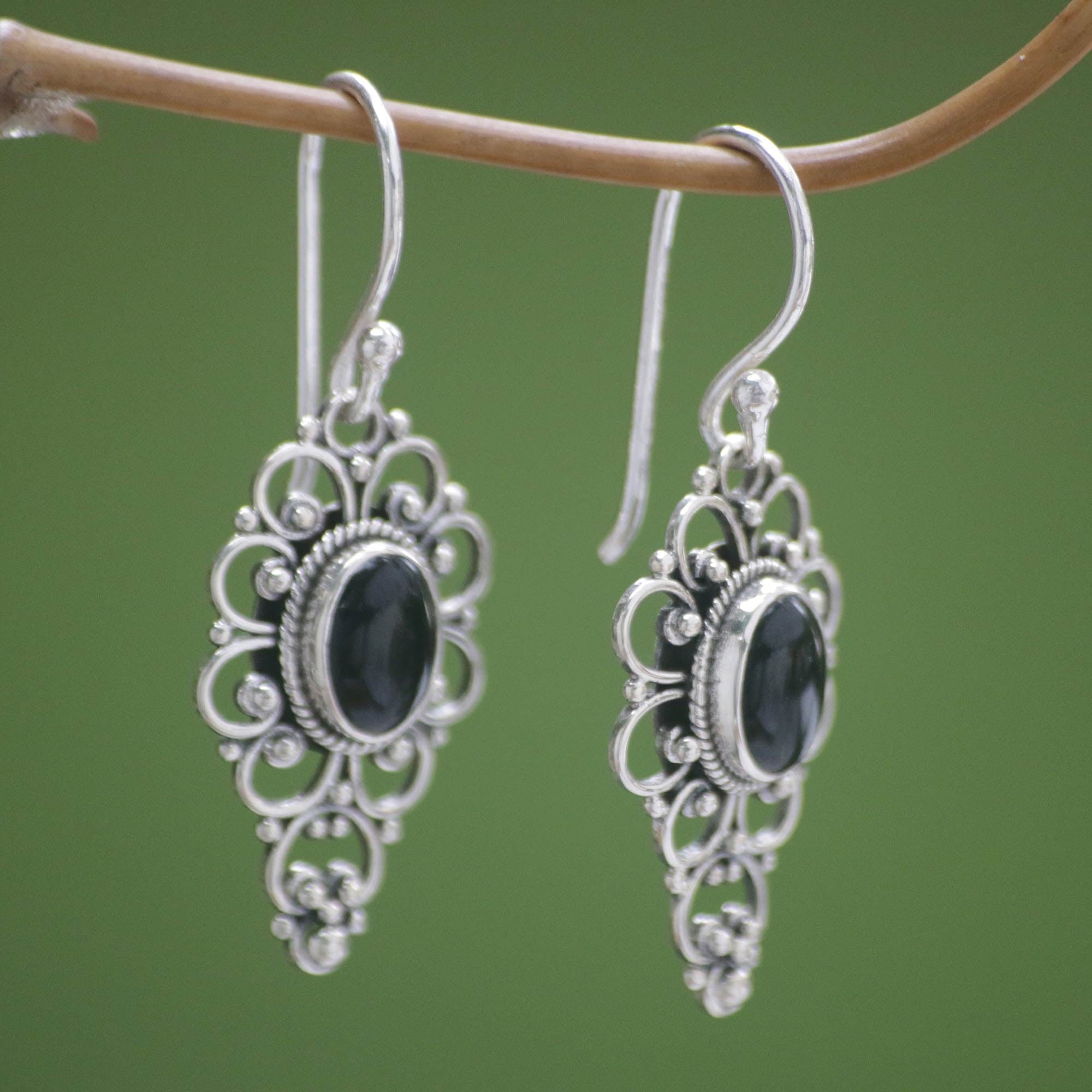 Floral Onyx Sterling Silver Dangle Earrings - Precious Night