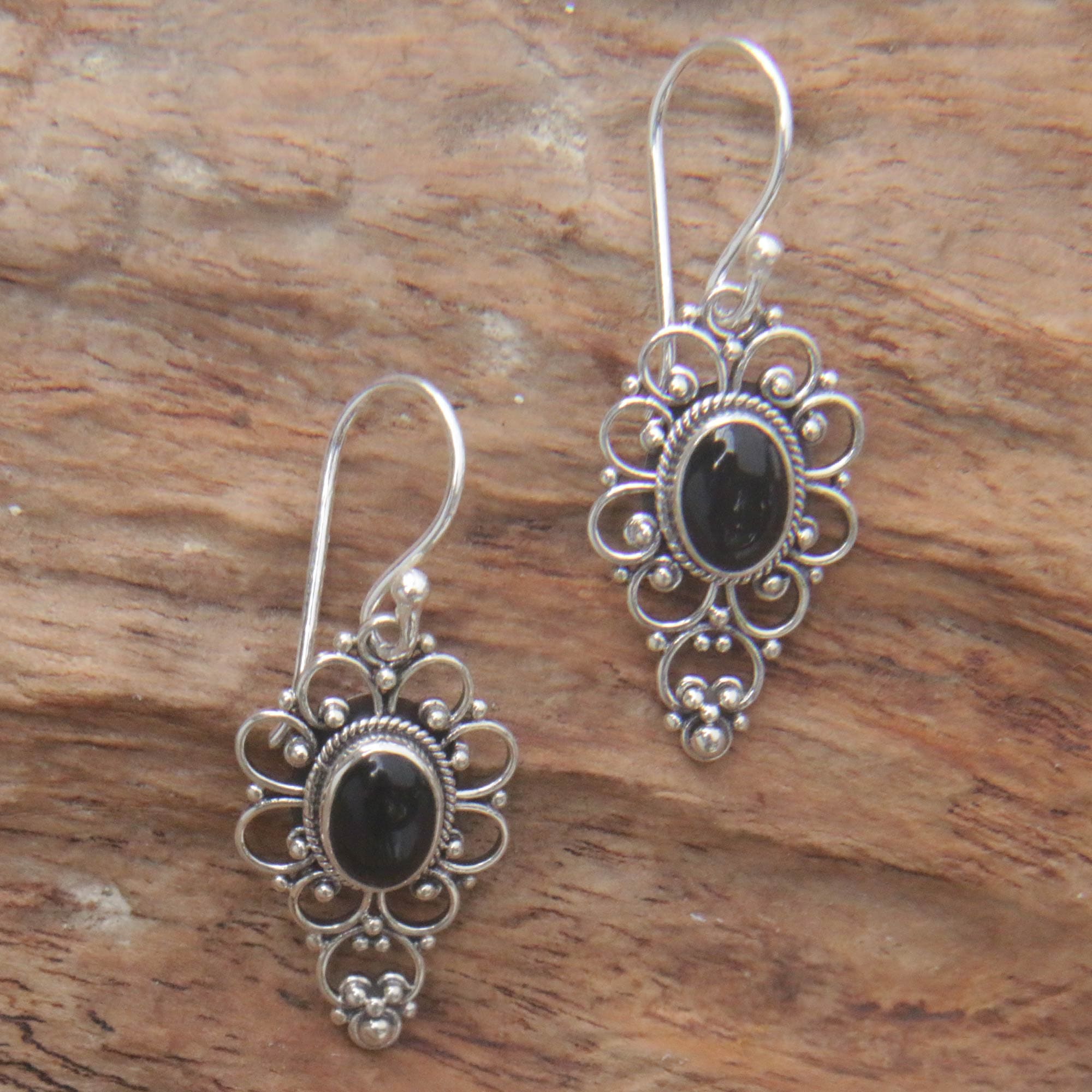 Floral Onyx Sterling Silver Dangle Earrings - Precious Night