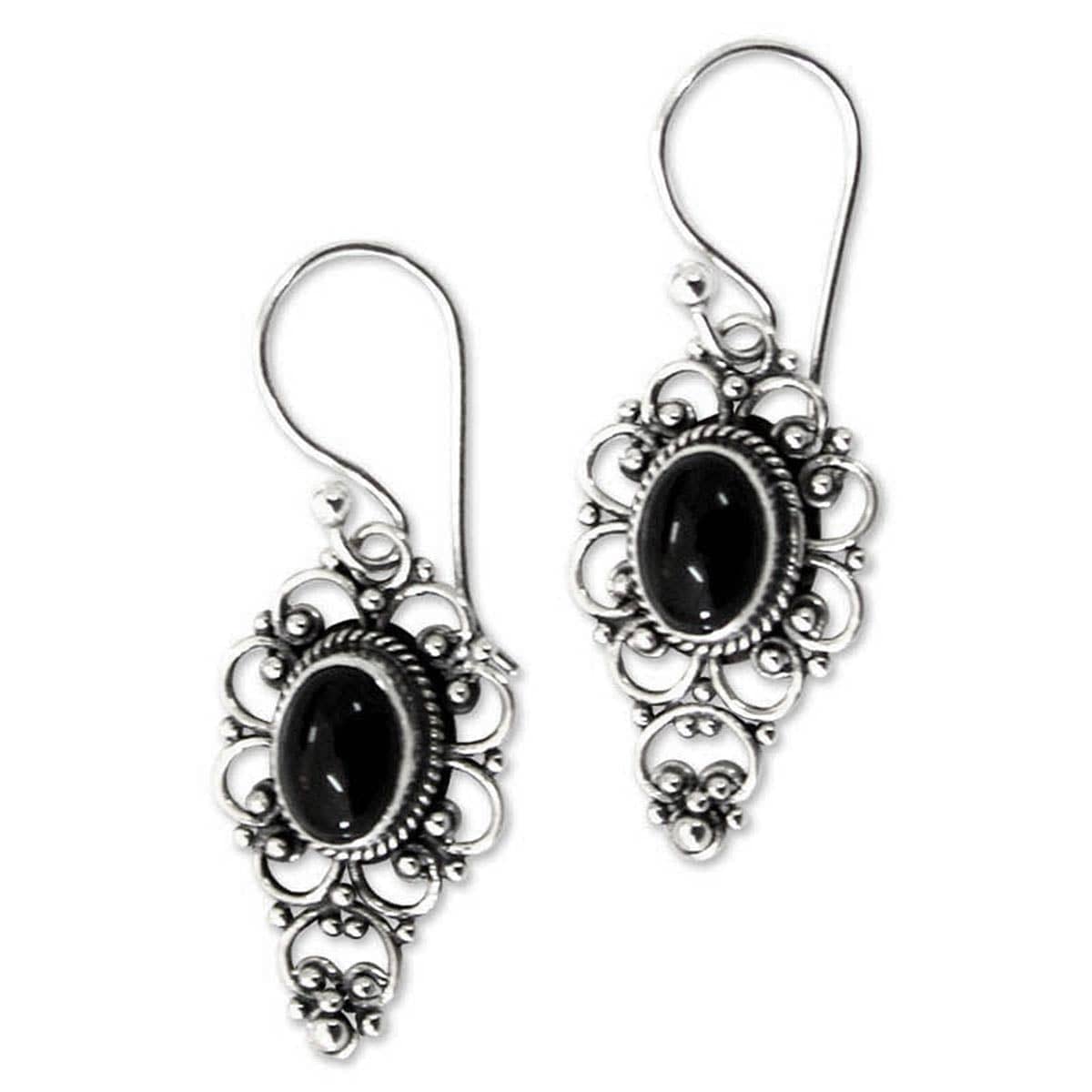 Floral Onyx Sterling Silver Dangle Earrings - Precious Night