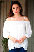 Snow White Off-the-Shoulder Rayon Eyelet Hem Blouse - Poet