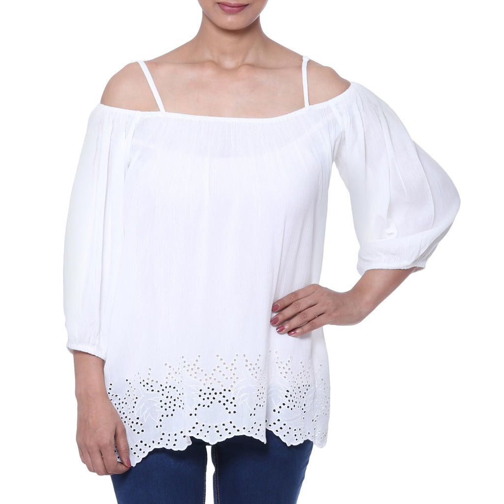 Snow White Off-the-Shoulder Rayon Eyelet Hem Blouse - Poet