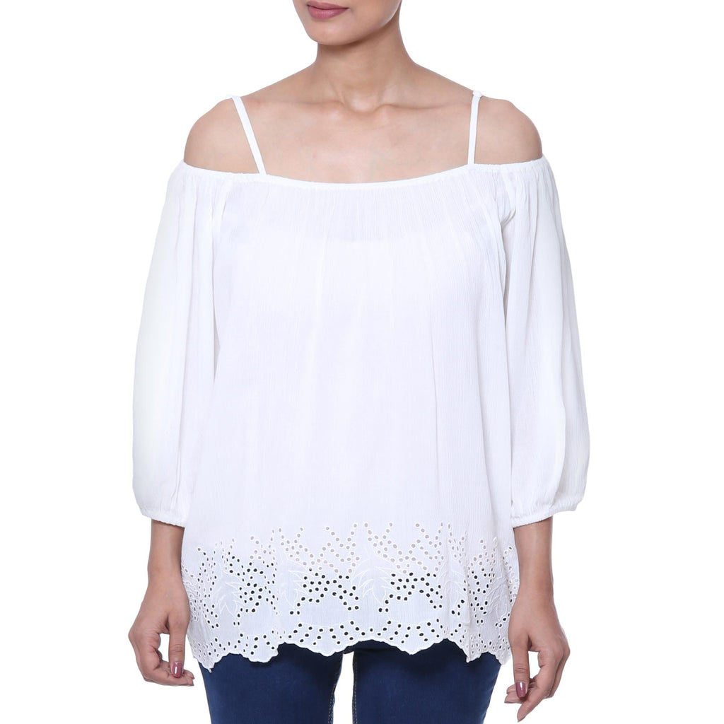 Snow White Off-the-Shoulder Rayon Eyelet Hem Blouse - Poet
