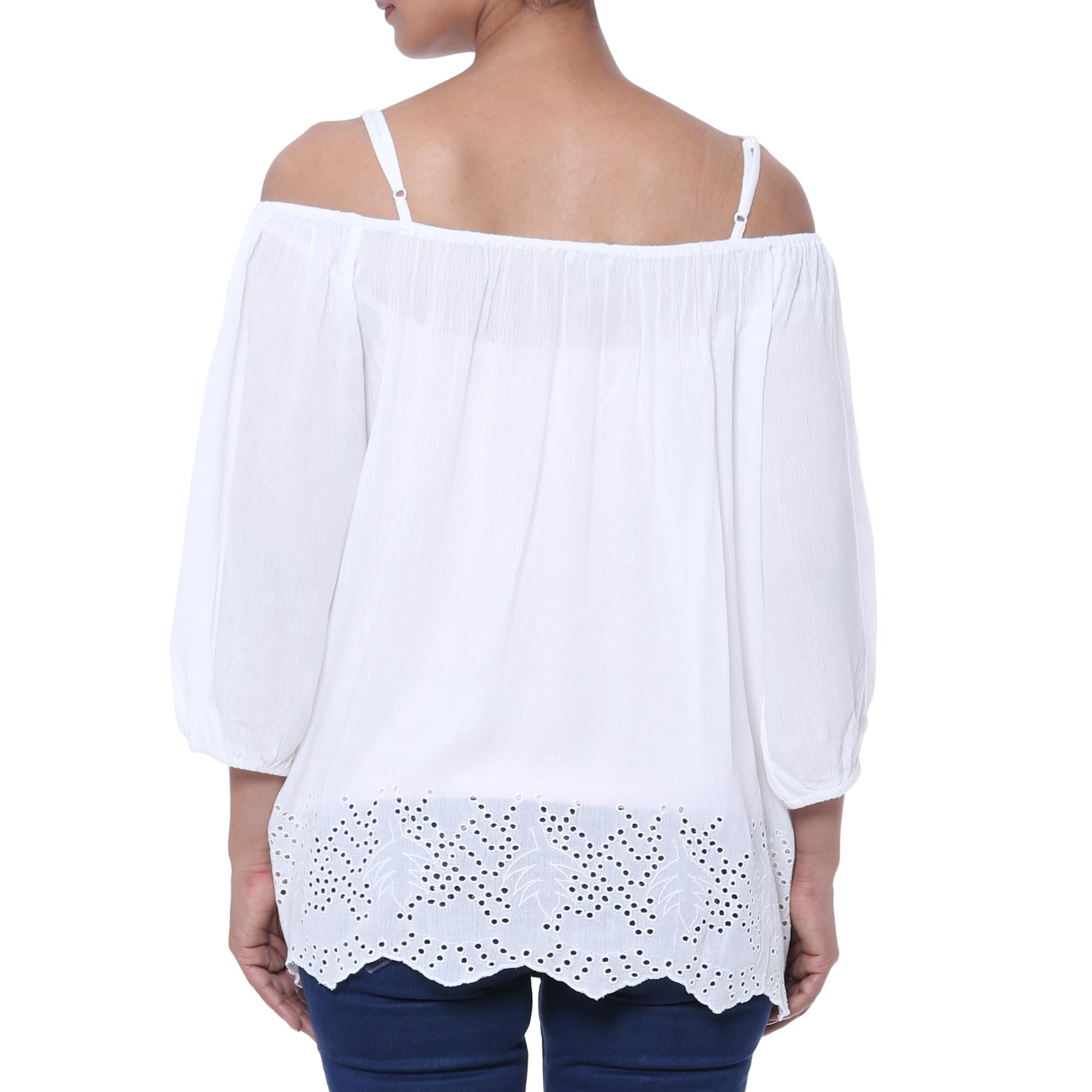Snow White Off-the-Shoulder Rayon Eyelet Hem Blouse - Poet