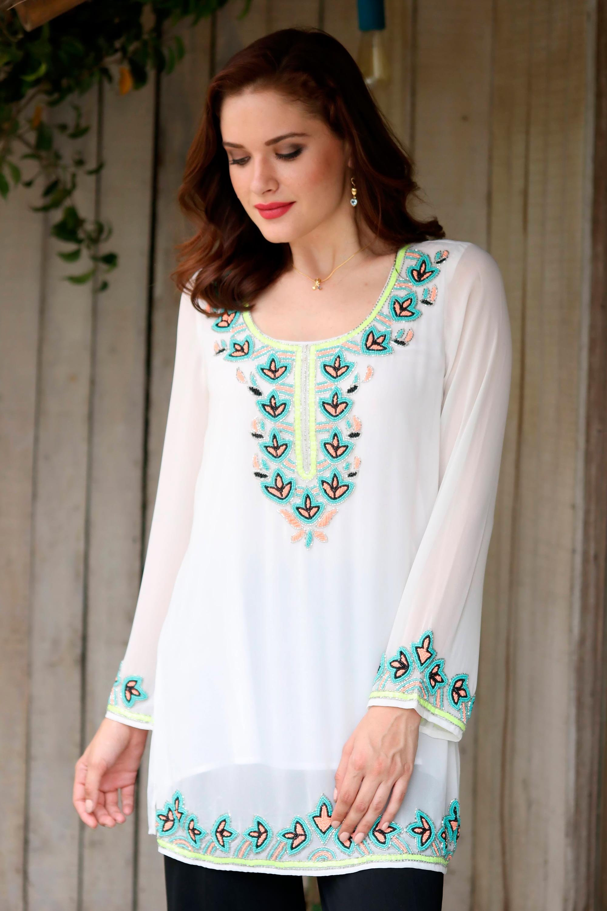 White Polyester Floral Beaded Long Sleeved Tunic - Day Celebration