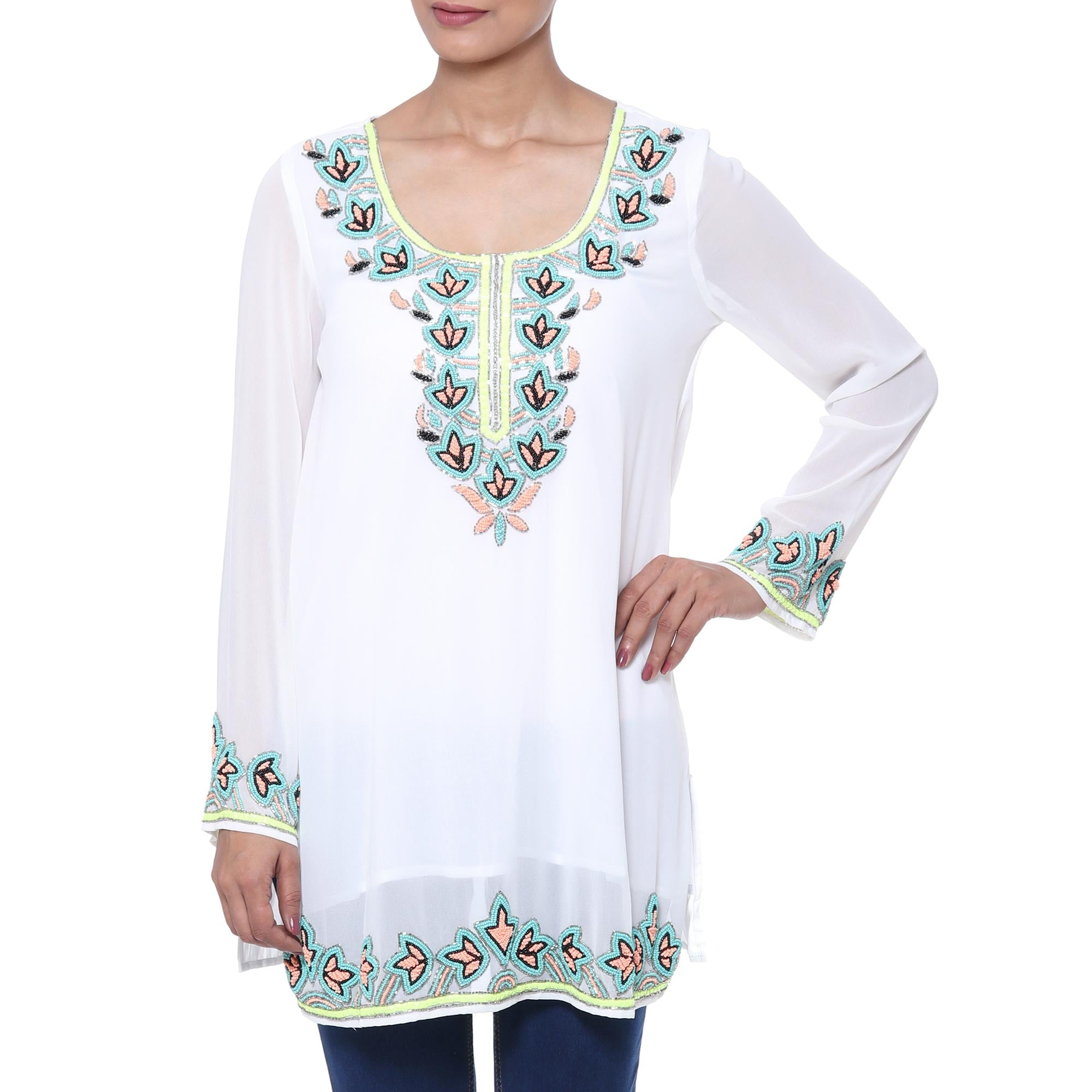 White Polyester Floral Beaded Long Sleeved Tunic - Day Celebration