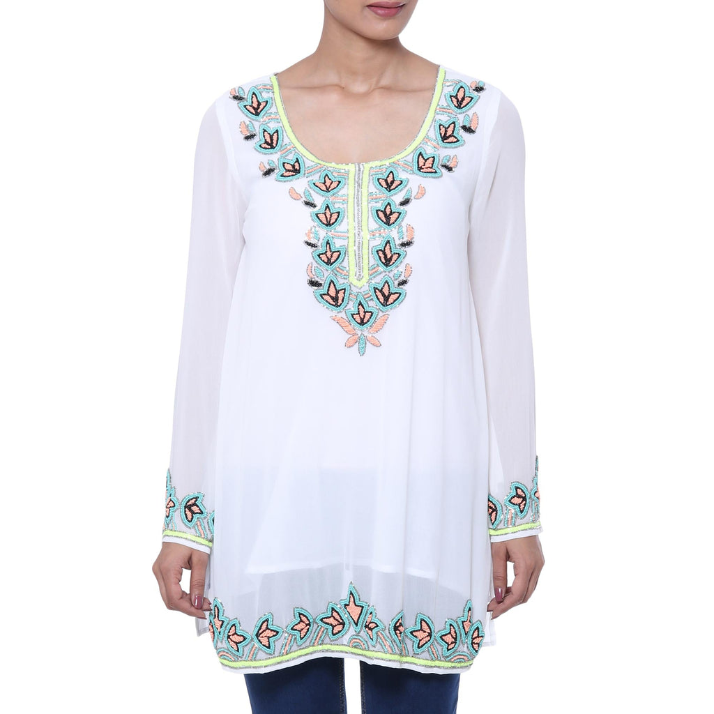 White Polyester Floral Beaded Long Sleeved Tunic - Day Celebration