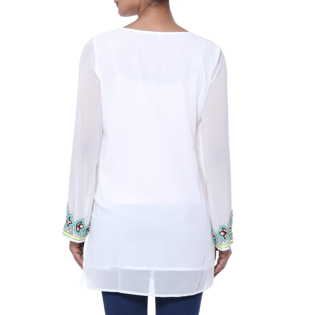 White Polyester Floral Beaded Long Sleeved Tunic - Day Celebration