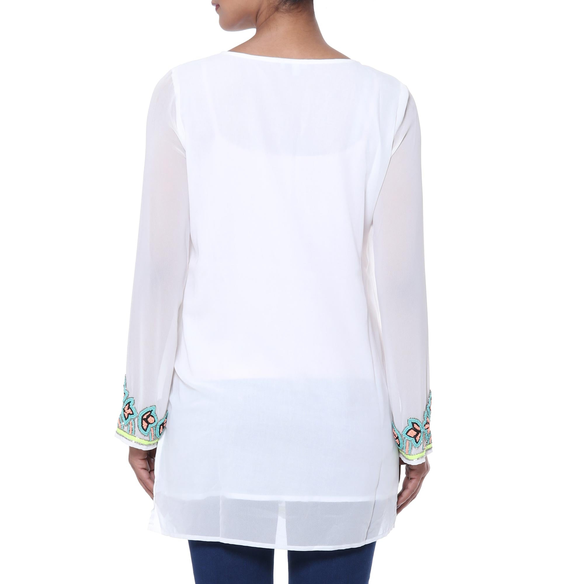 White Polyester Floral Beaded Long Sleeved Tunic - Day Celebration