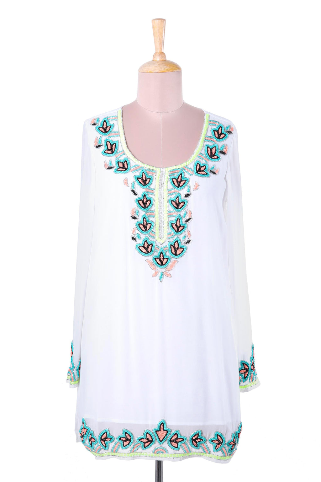 White Polyester Floral Beaded Long Sleeved Tunic - Day Celebration