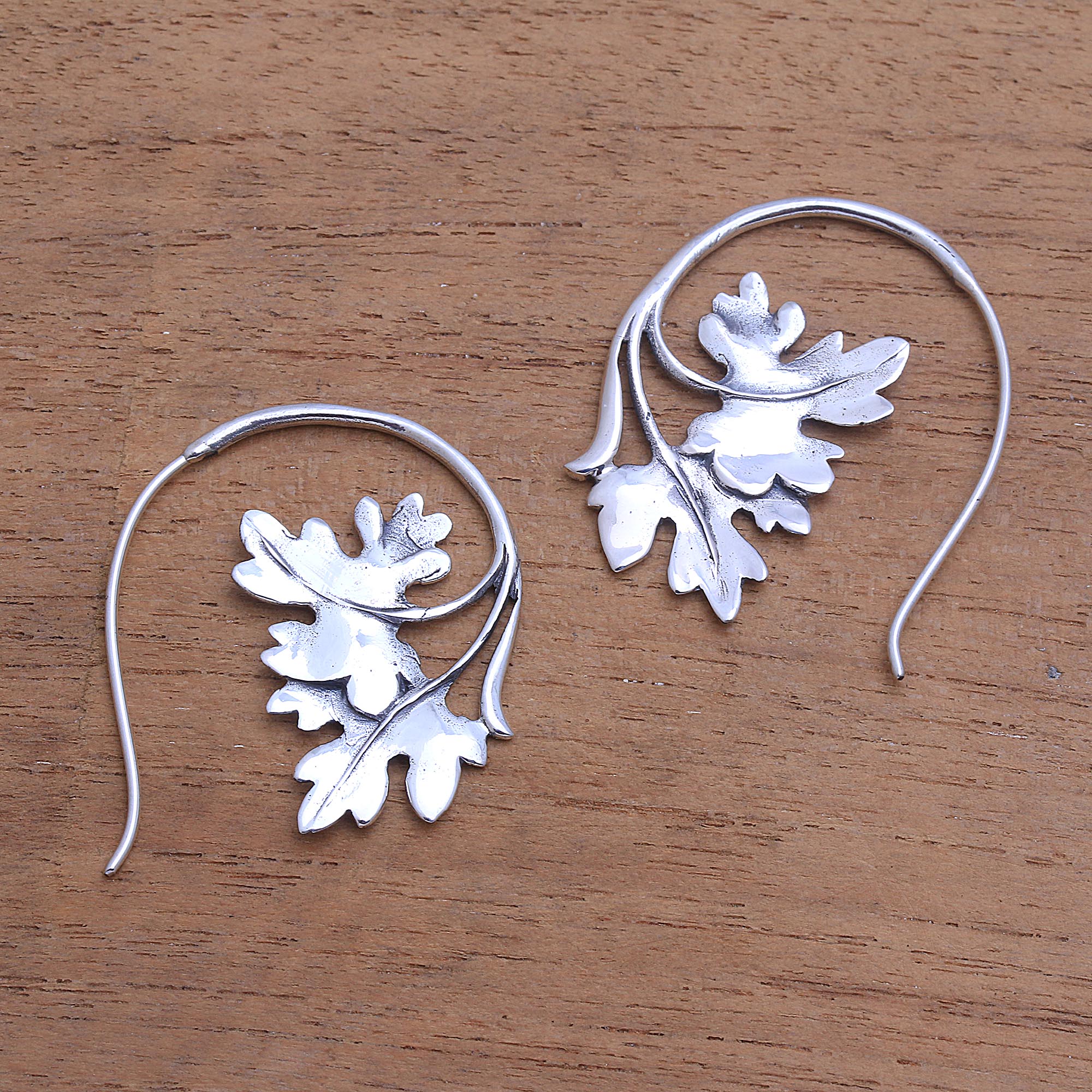 Leaf-Shaped Sterling Silver Drop Earrings from Bali - Leafy Canopy