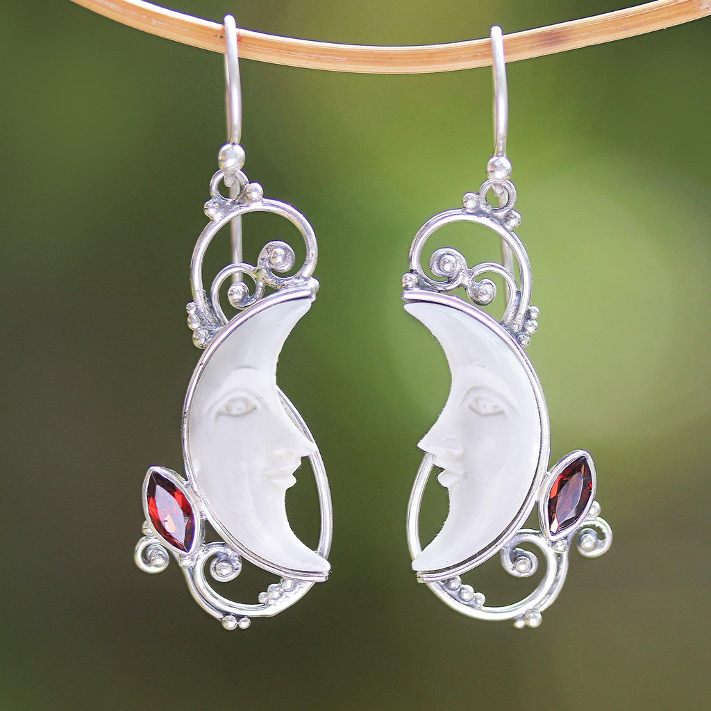 Garnet and Bone Crescent Moon Dangle Earrings from Bali - Glittering Crescents