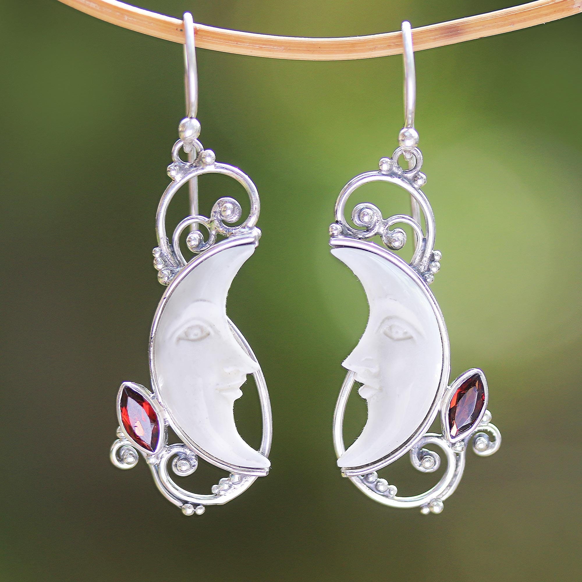 Garnet and Bone Crescent Moon Dangle Earrings from Bali - Glittering Crescents