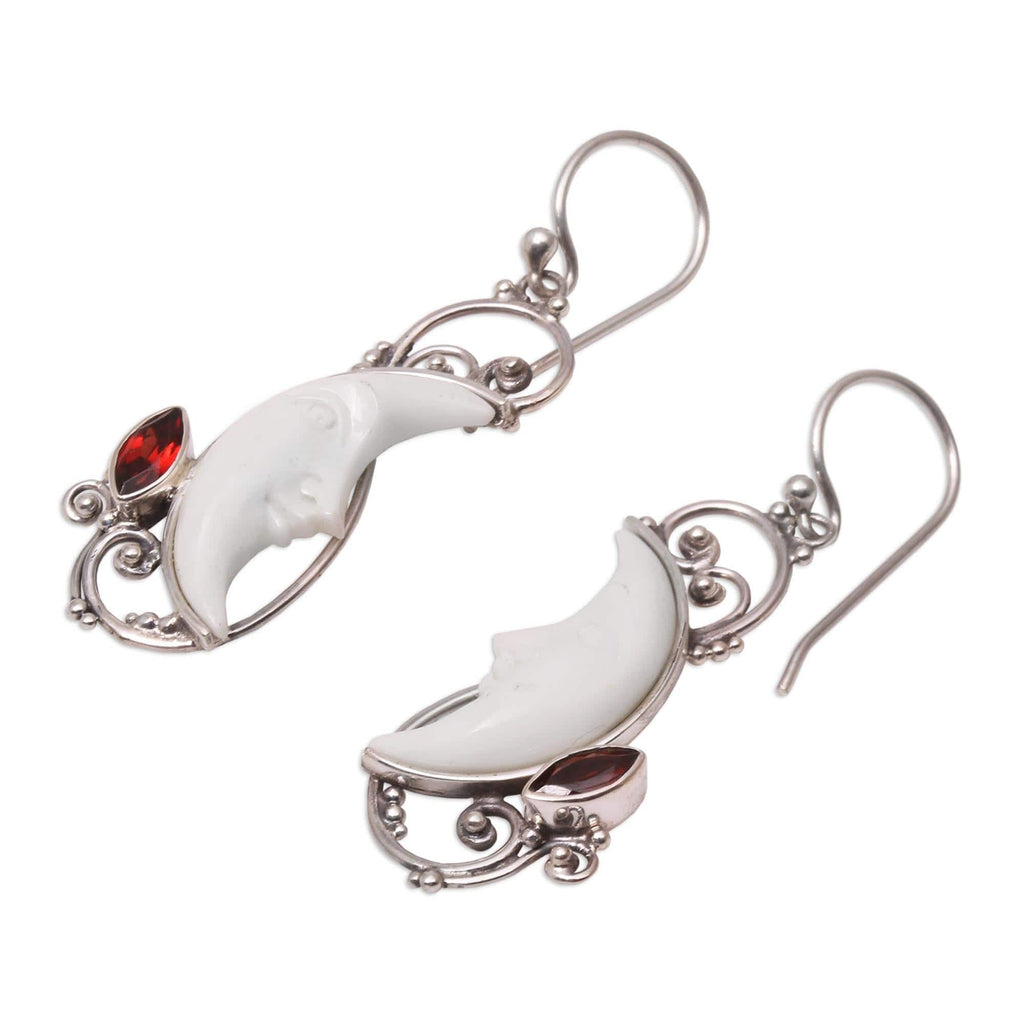 Garnet and Bone Crescent Moon Dangle Earrings from Bali - Glittering Crescents
