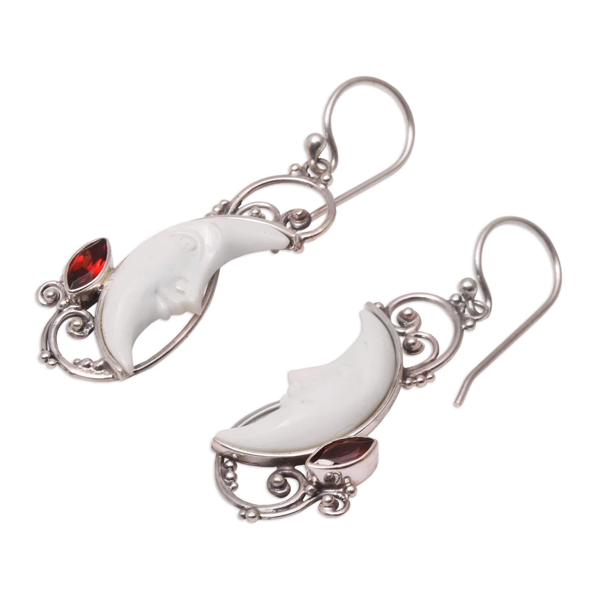 Garnet and Bone Crescent Moon Dangle Earrings from Bali - Glittering Crescents