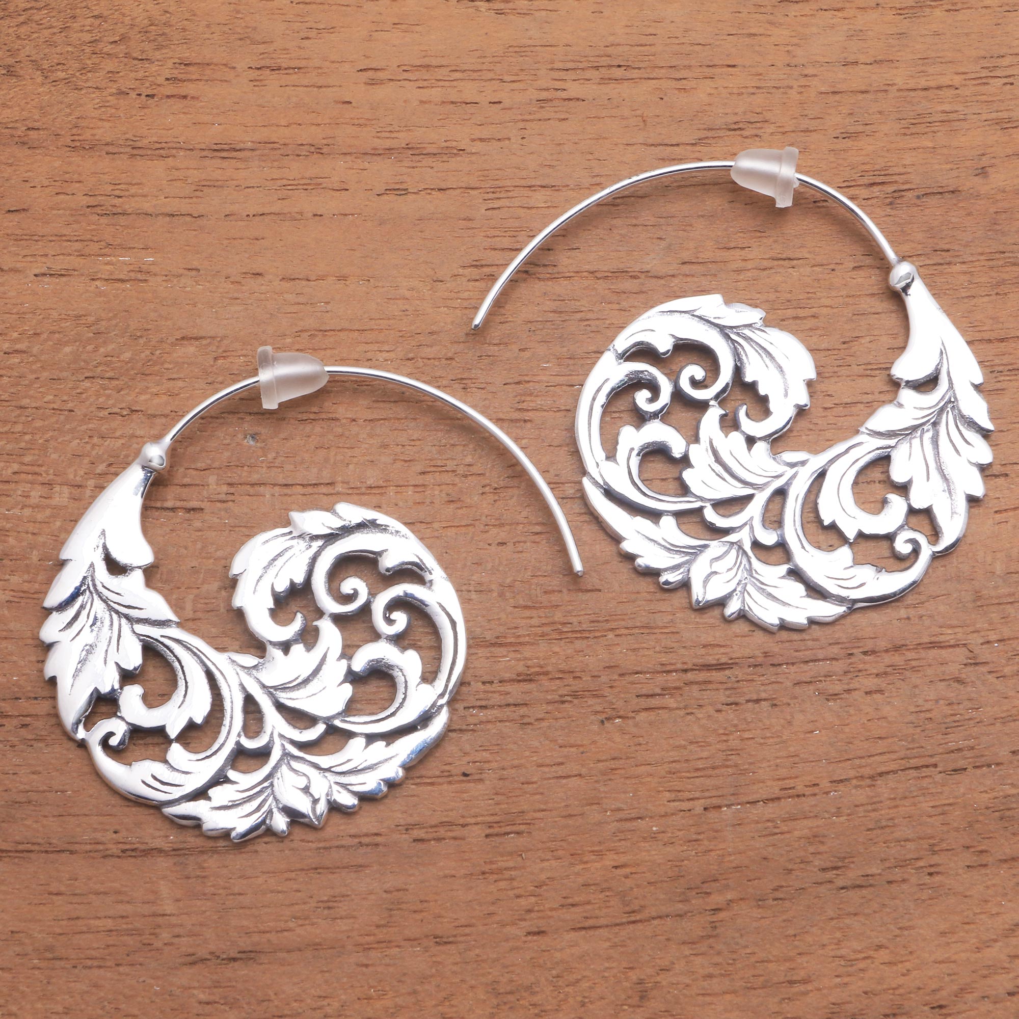 Sterling Silver Vine Half-Hoop Earrings from Bali - Garden Waves