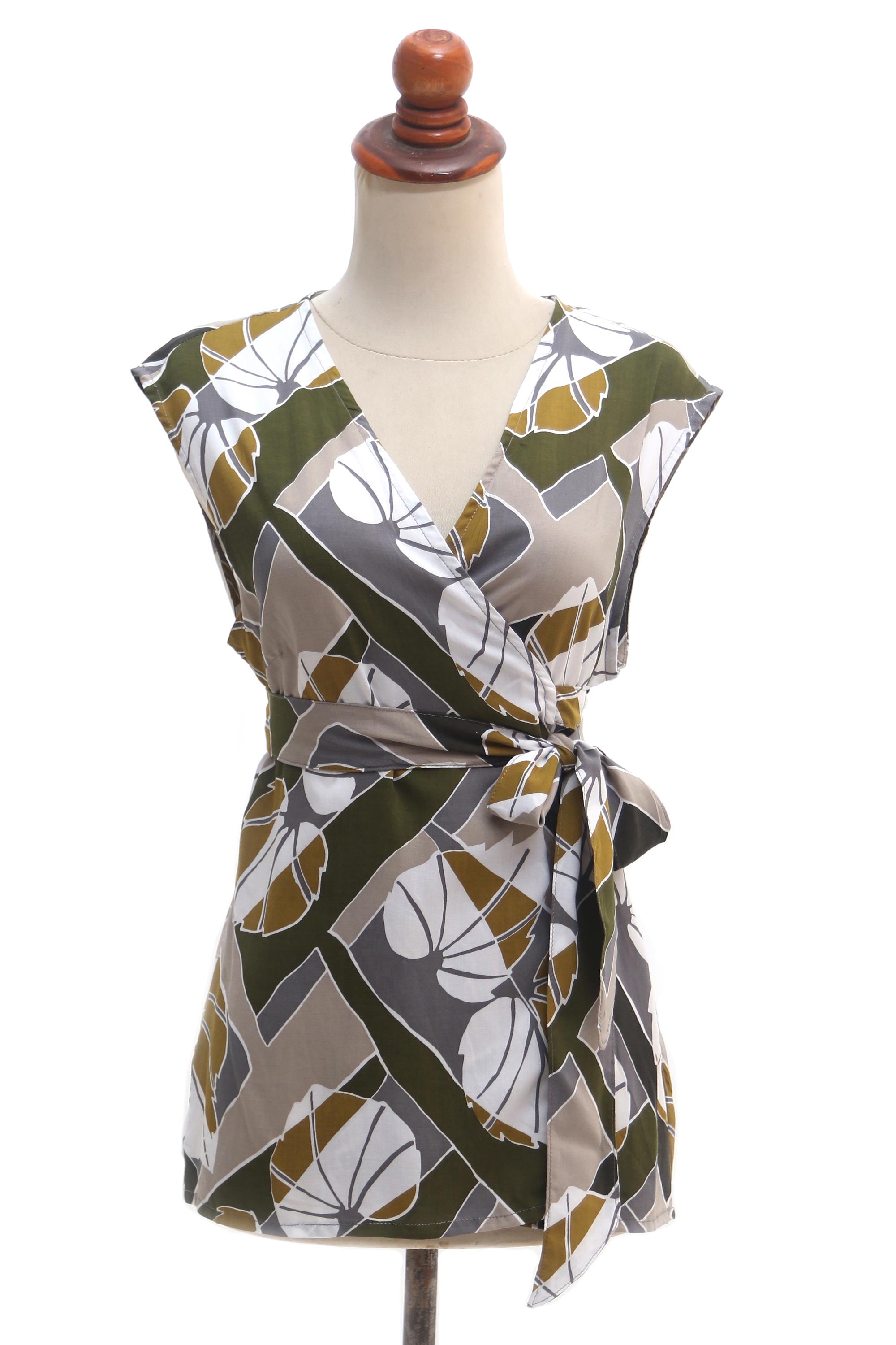 Handmade Leaf-Themed Rayon Wrap Blouse from Bali - Garden Party