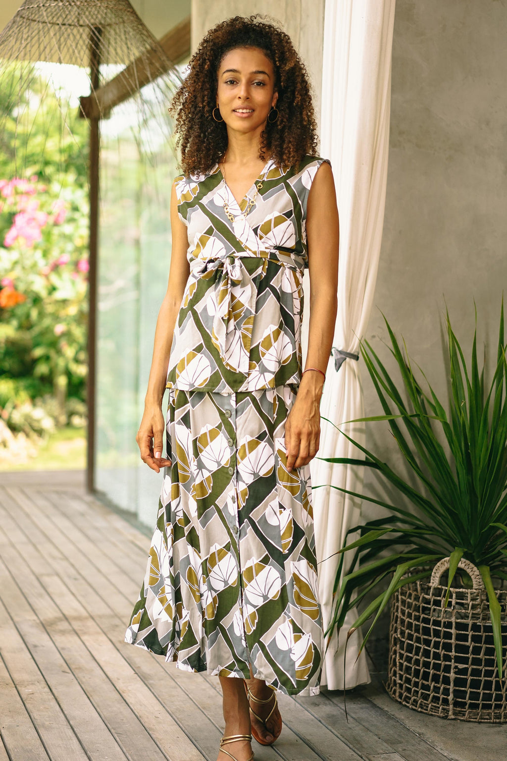 Handmade Leaf-Themed Rayon Wrap Blouse from Bali - Garden Party