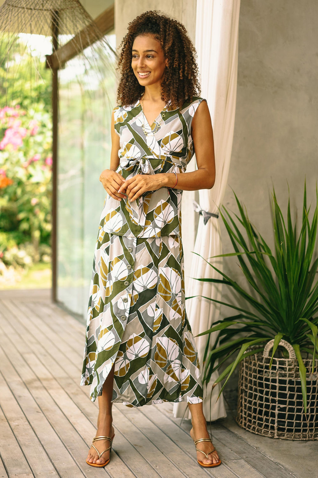 Handmade Leaf-Themed Rayon Wrap Blouse from Bali - Garden Party
