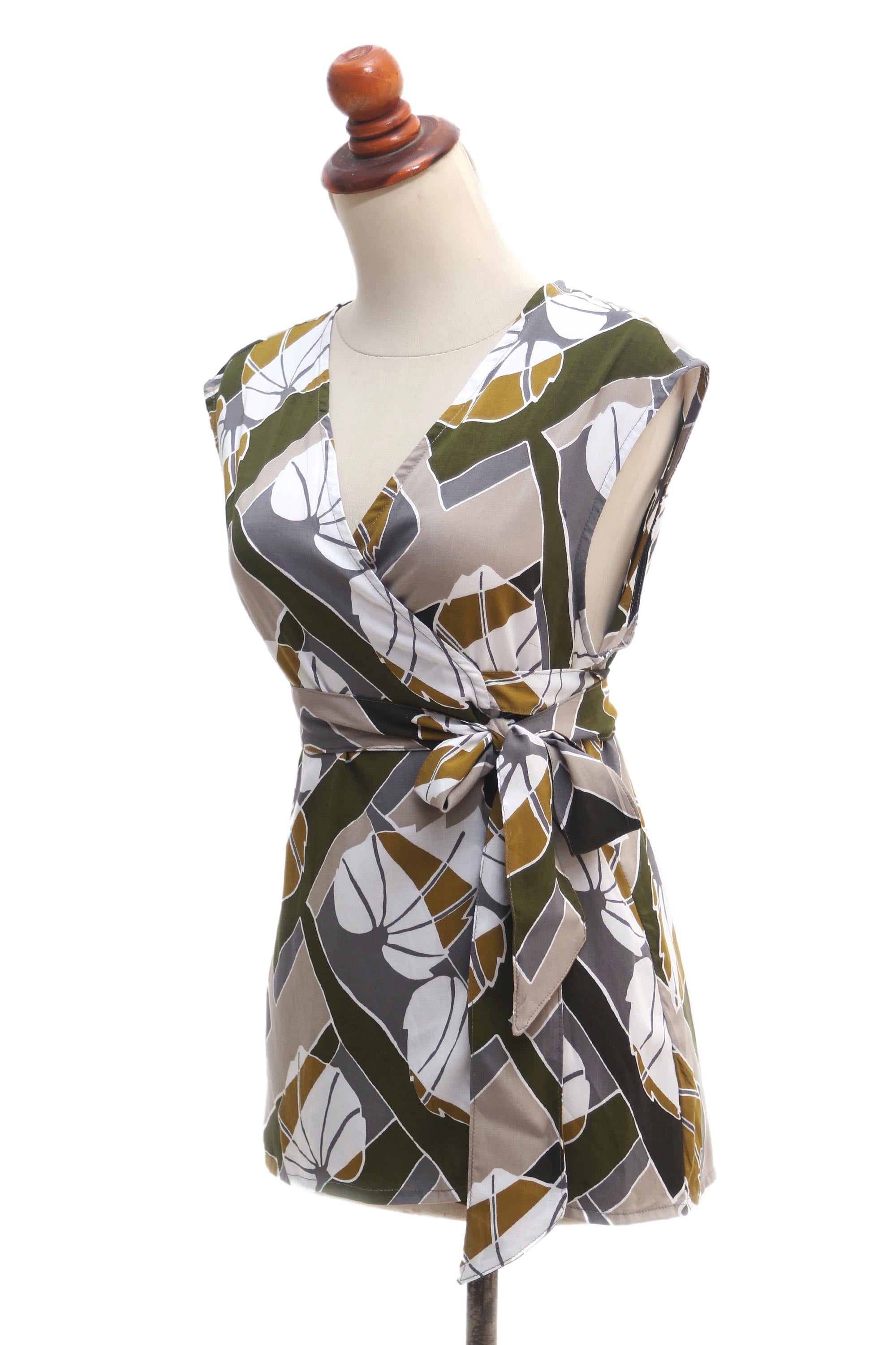 Handmade Leaf-Themed Rayon Wrap Blouse from Bali - Garden Party