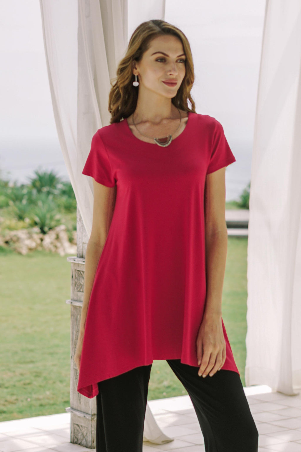 Short Sleeve Modal Long Tunic from Bali - Blooming Orchid