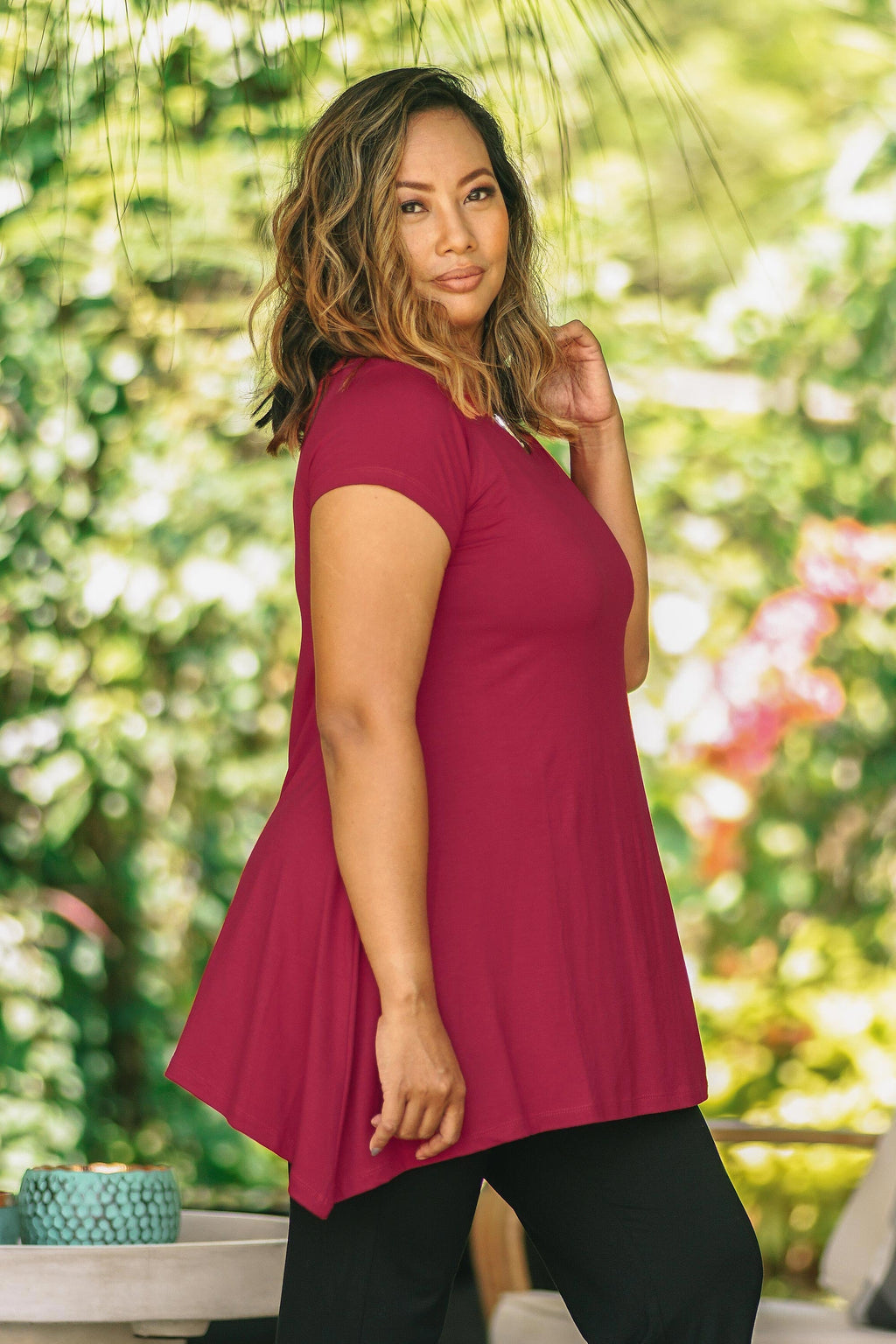 Short Sleeve Modal Long Tunic from Bali - Blooming Orchid