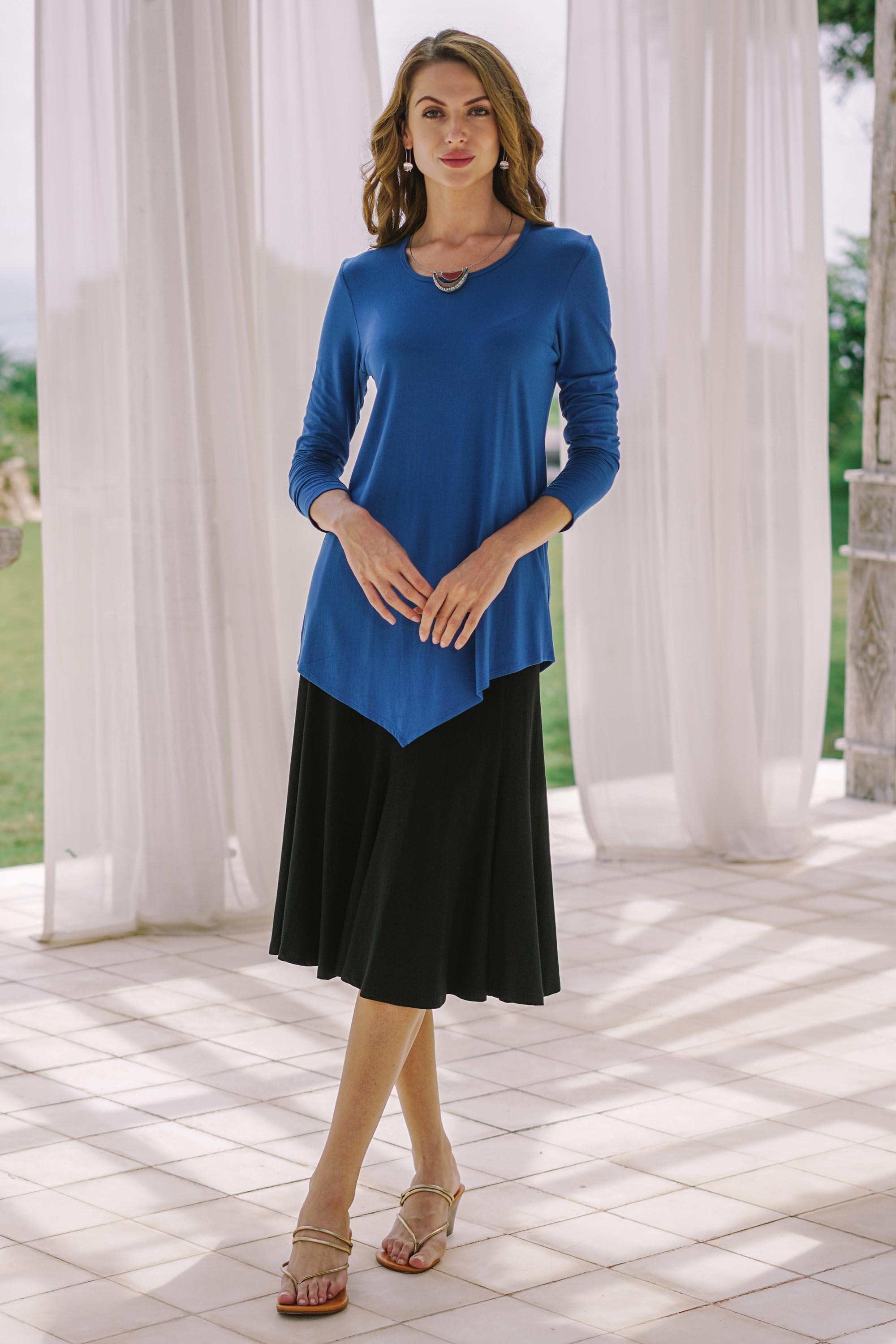 Hand Crafted Asymmetrical Blue Modal Top - Tulip