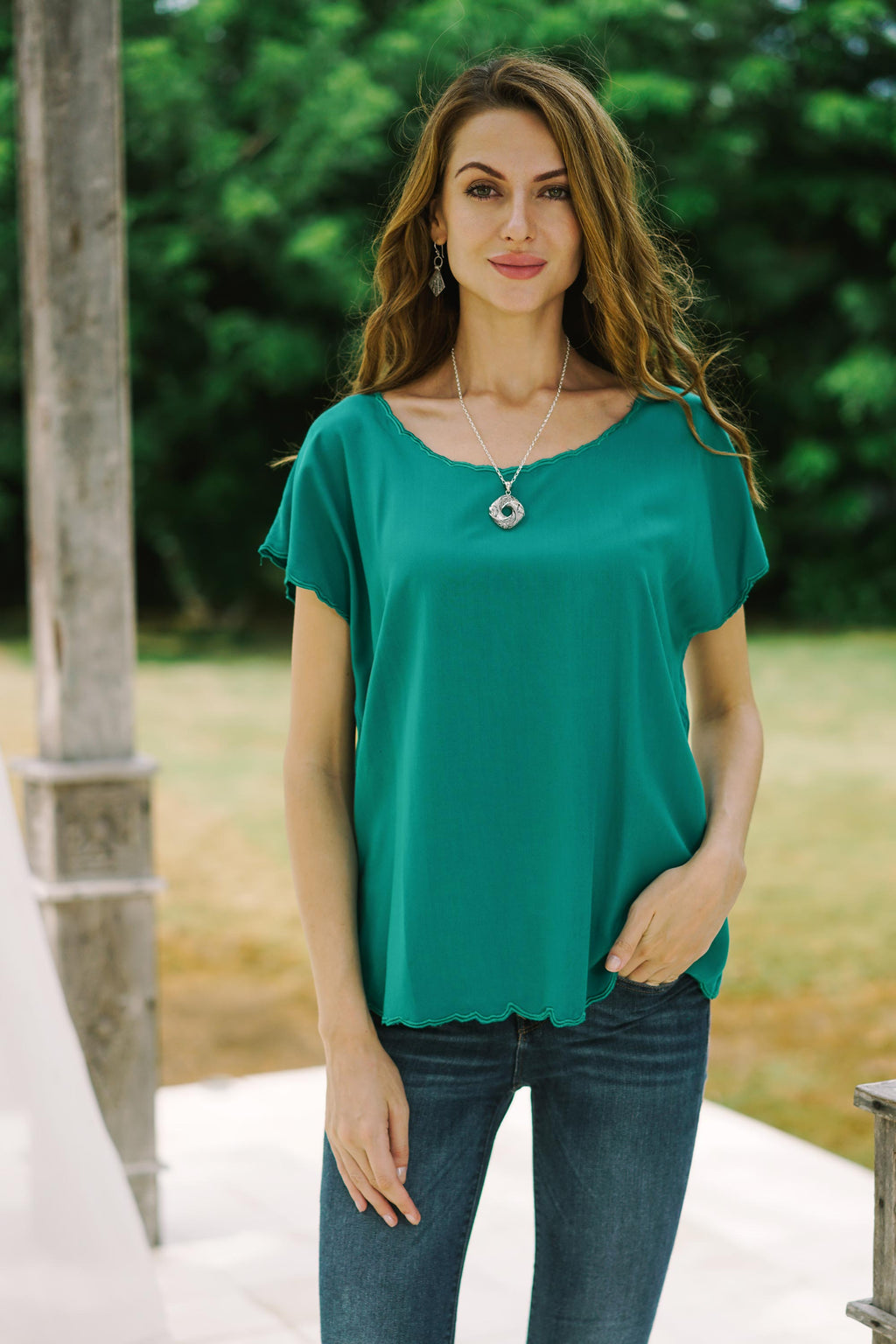 Green Short-Sleeved Rayon Blouse - Timeless Tee in Green